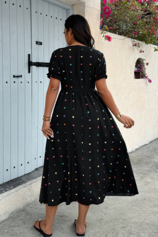 Plus Heart Print Round Neck Ruffle Hem Dress - Wear Arielle