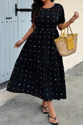 Plus Heart Print Round Neck Ruffle Hem Dress - Wear Arielle