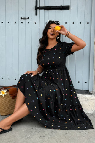 Plus Heart Print Round Neck Ruffle Hem Dress - Wear Arielle