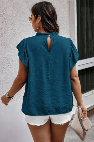 Plus Hollow Out Frill Collar Cap Sleeves Shirt - Wear Arielle