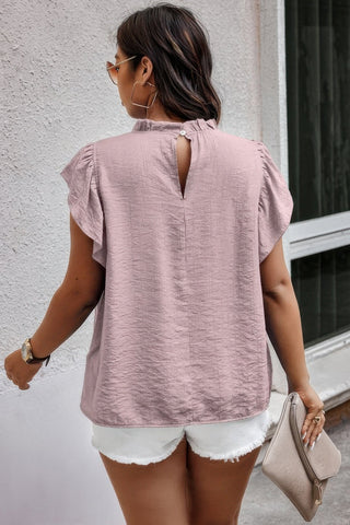 Plus Hollow Out Frill Collar Cap Sleeves Shirt - Wear Arielle