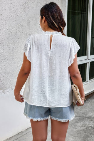 Plus Hollow Out Frill Collar Cap Sleeves Shirt - Wear Arielle