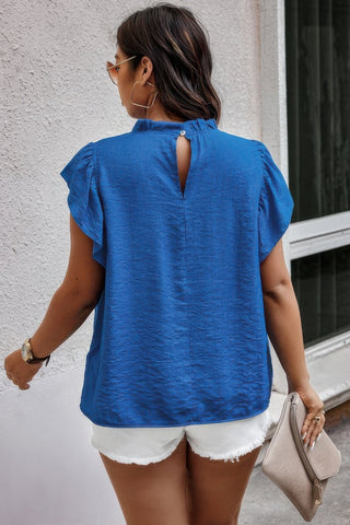 Plus Hollow Out Frill Collar Cap Sleeves Shirt - Wear Arielle