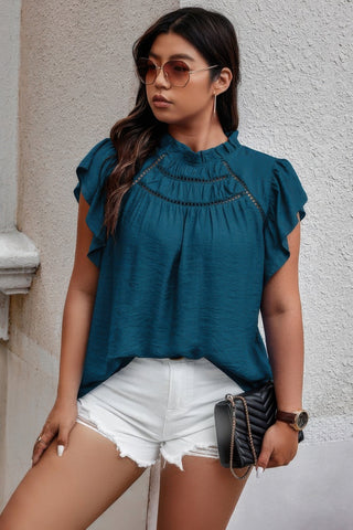 Plus Hollow Out Frill Collar Cap Sleeves Shirt - Wear Arielle