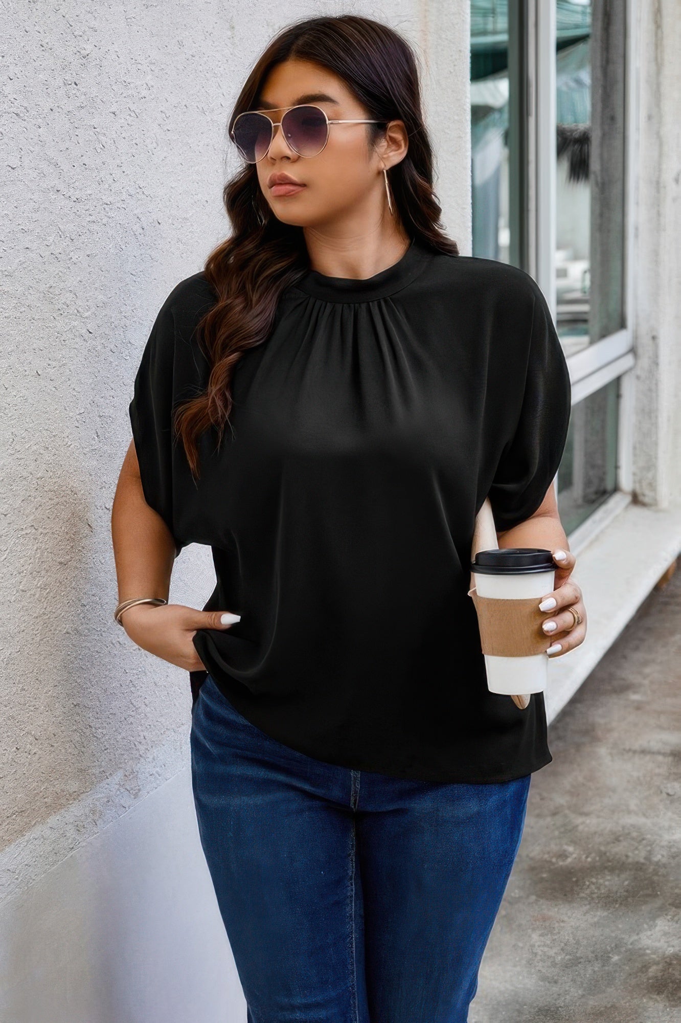 Plus Mock Neck Batwing Sleeve Loose Tunic Top - Wear Arielle