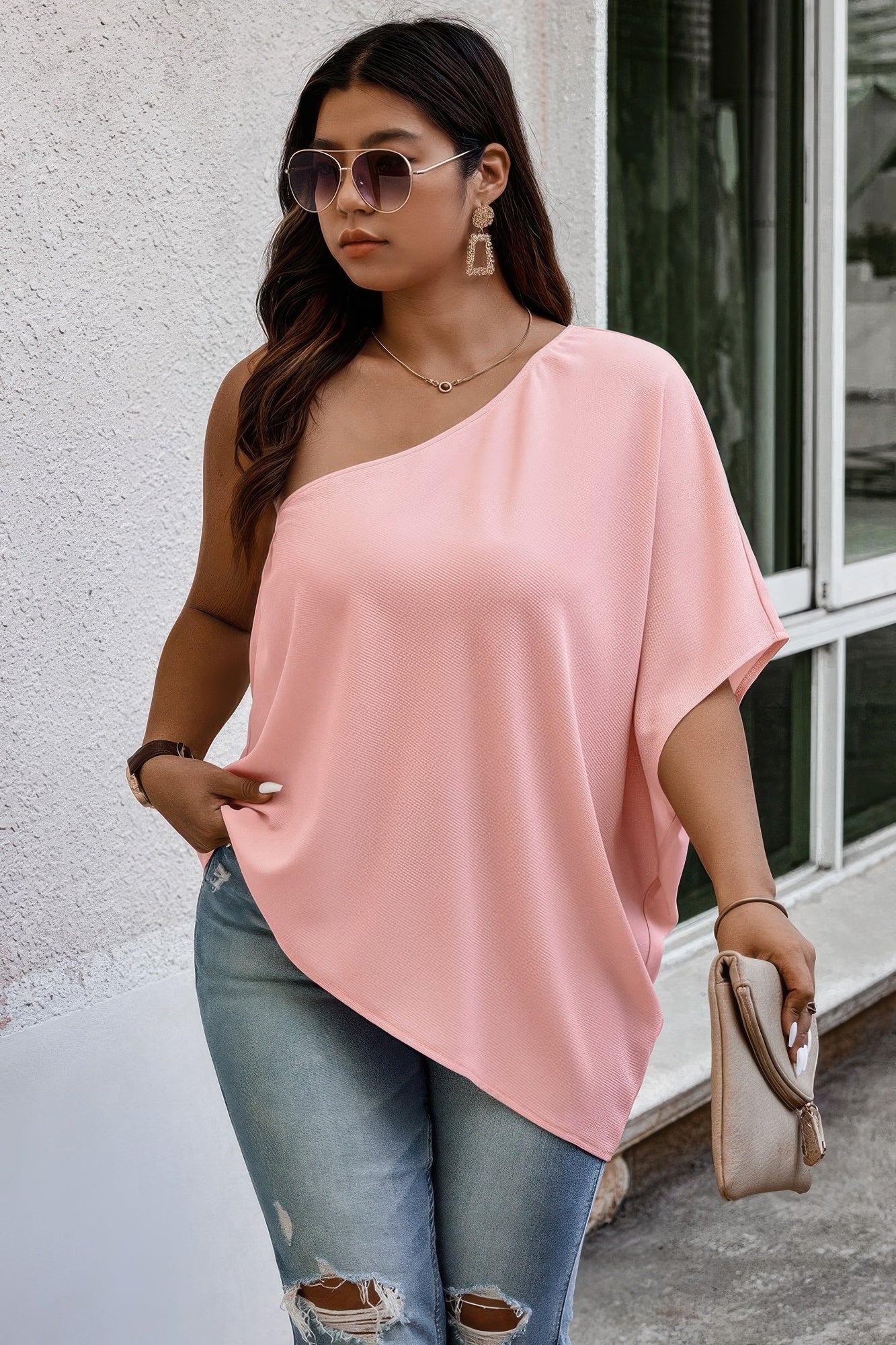 Plus One Shoulder Solid Casual Loose Fit Shirt - Wear Arielle