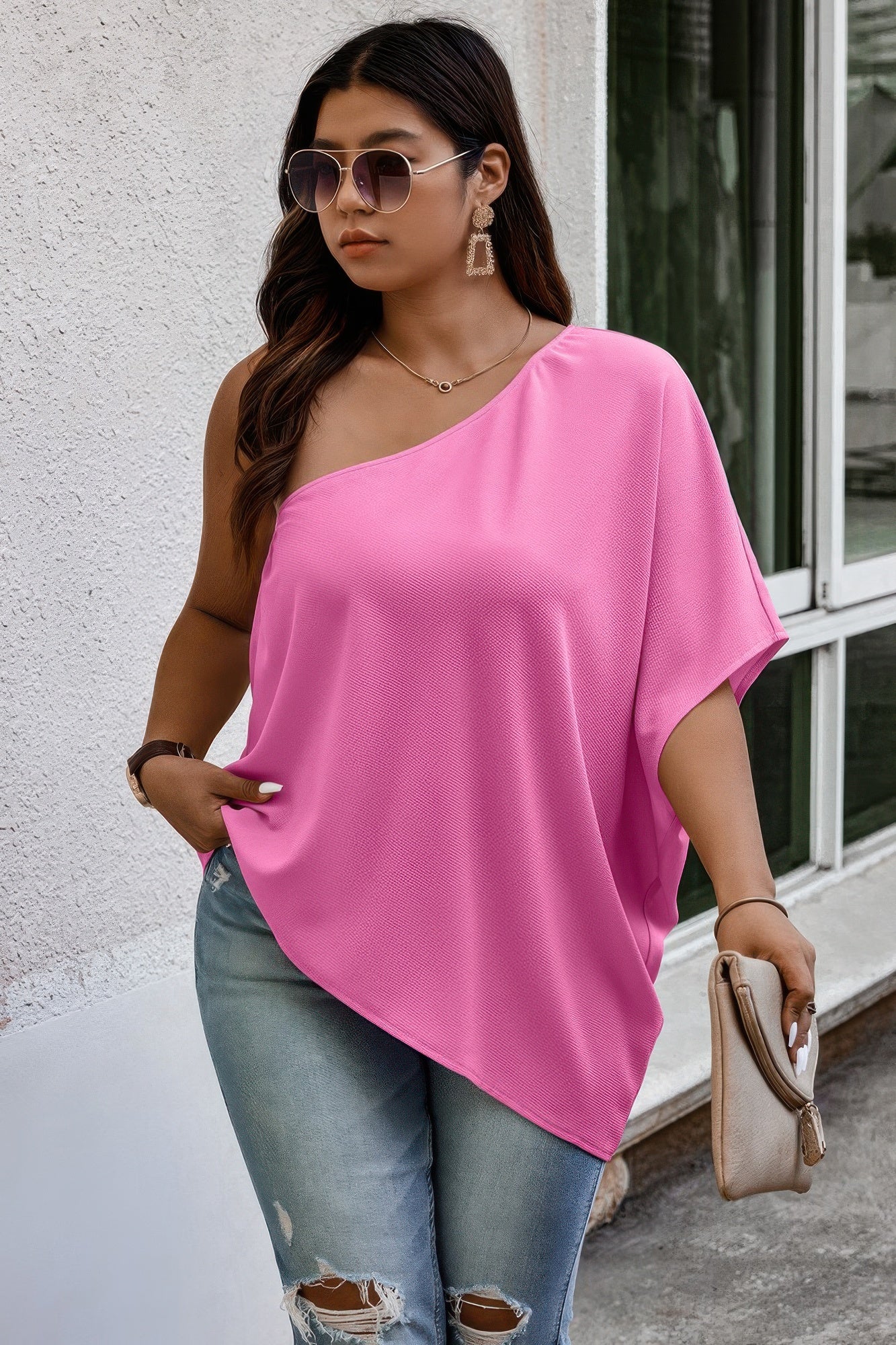 Plus One Shoulder Solid Casual Loose Fit Shirt - Wear Arielle