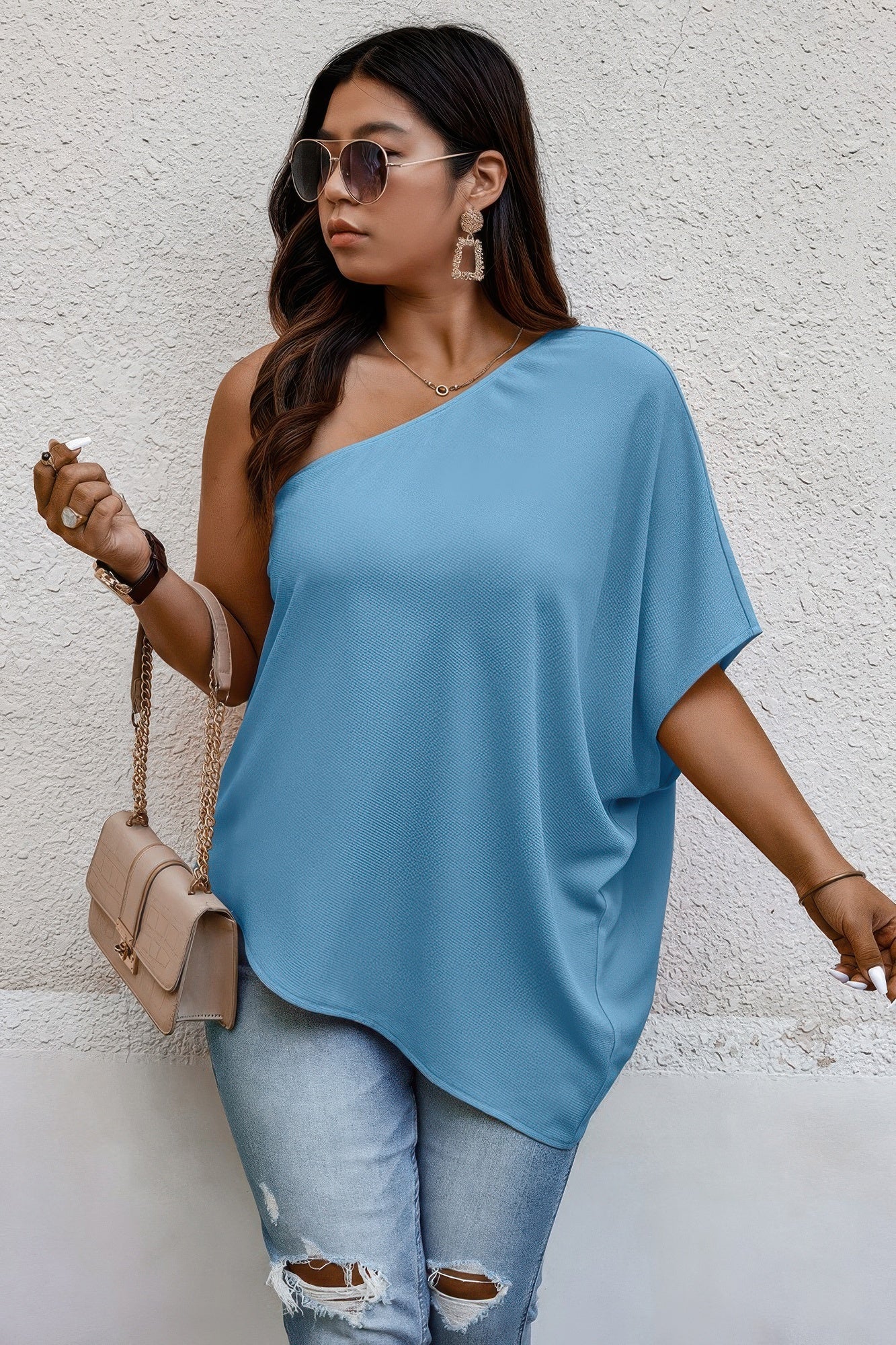 Plus One Shoulder Solid Casual Loose Fit Shirt - Wear Arielle
