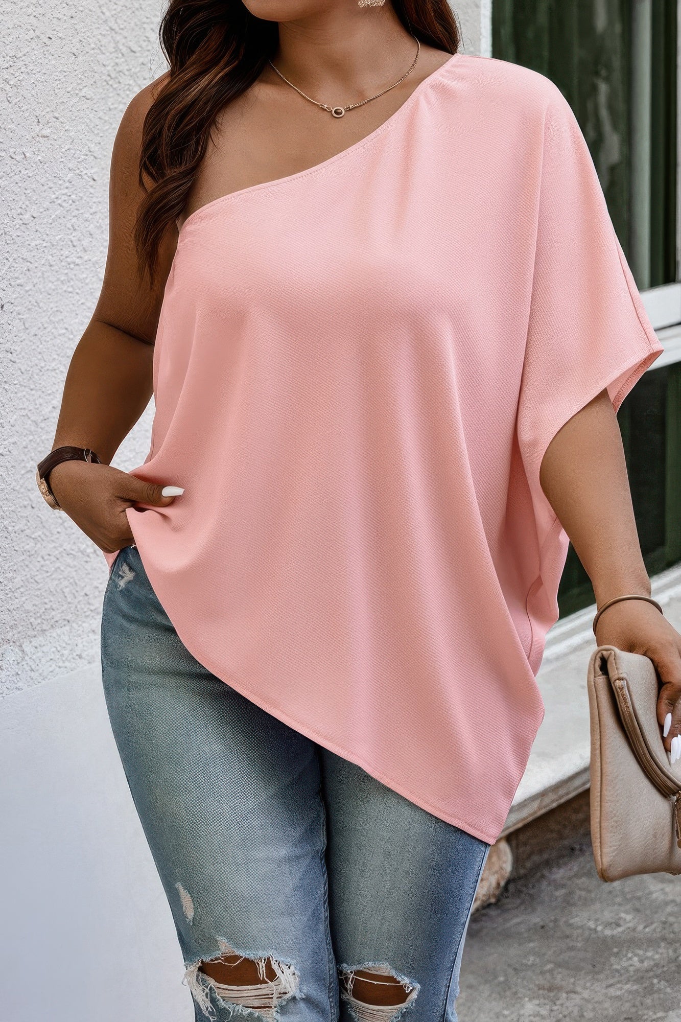 Plus One Shoulder Solid Casual Loose Fit Shirt - Wear Arielle