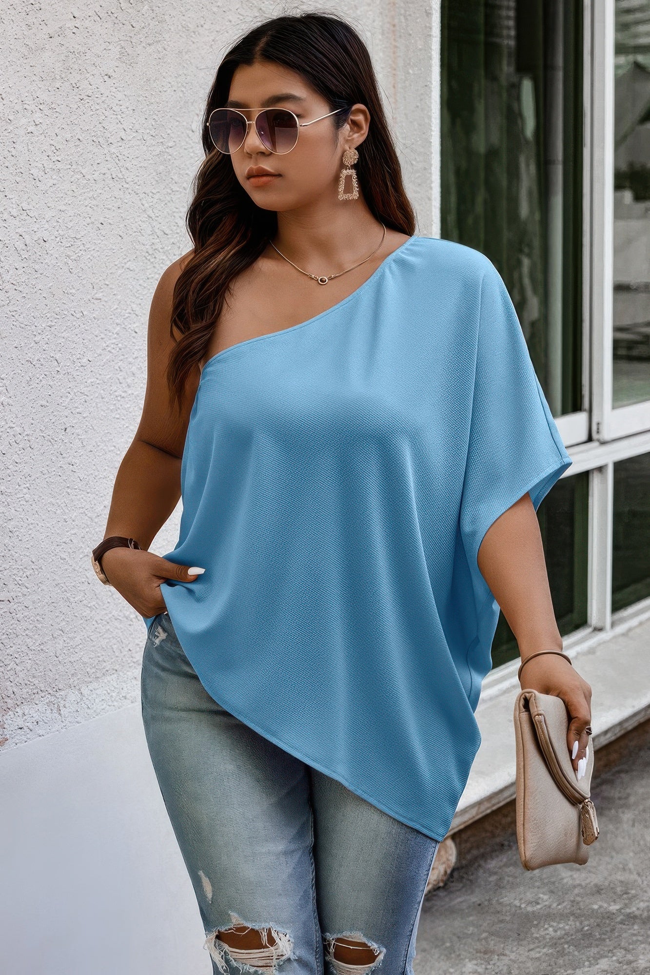 Plus One Shoulder Solid Casual Loose Fit Shirt - Wear Arielle