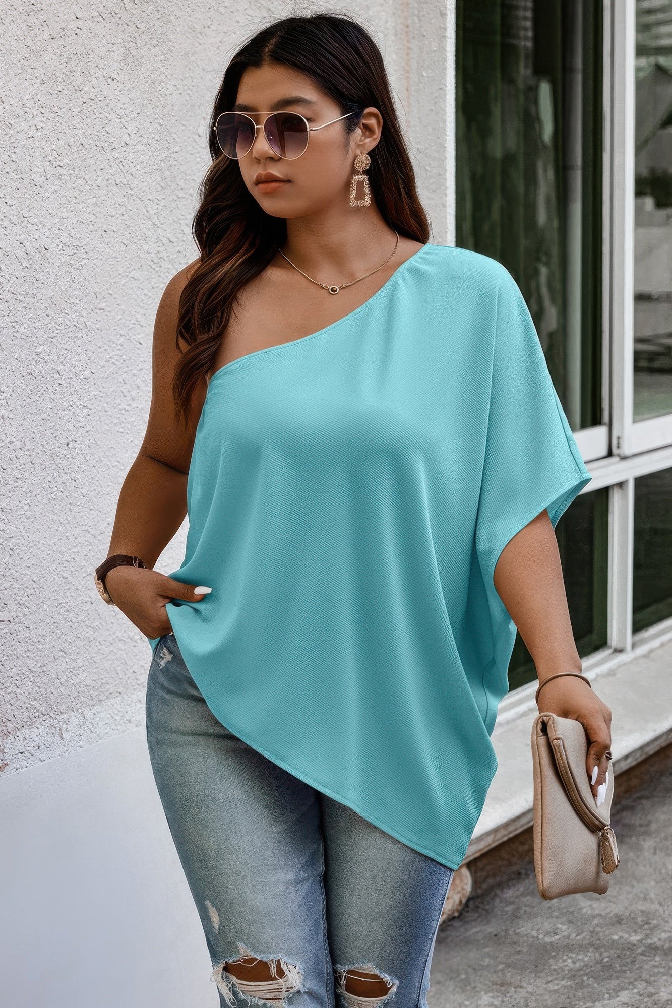 Plus One Shoulder Solid Casual Loose Fit Shirt - Wear Arielle