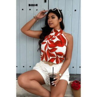 Plus Plant Print Halter Sleeveless Loose Blouse - Wear Arielle