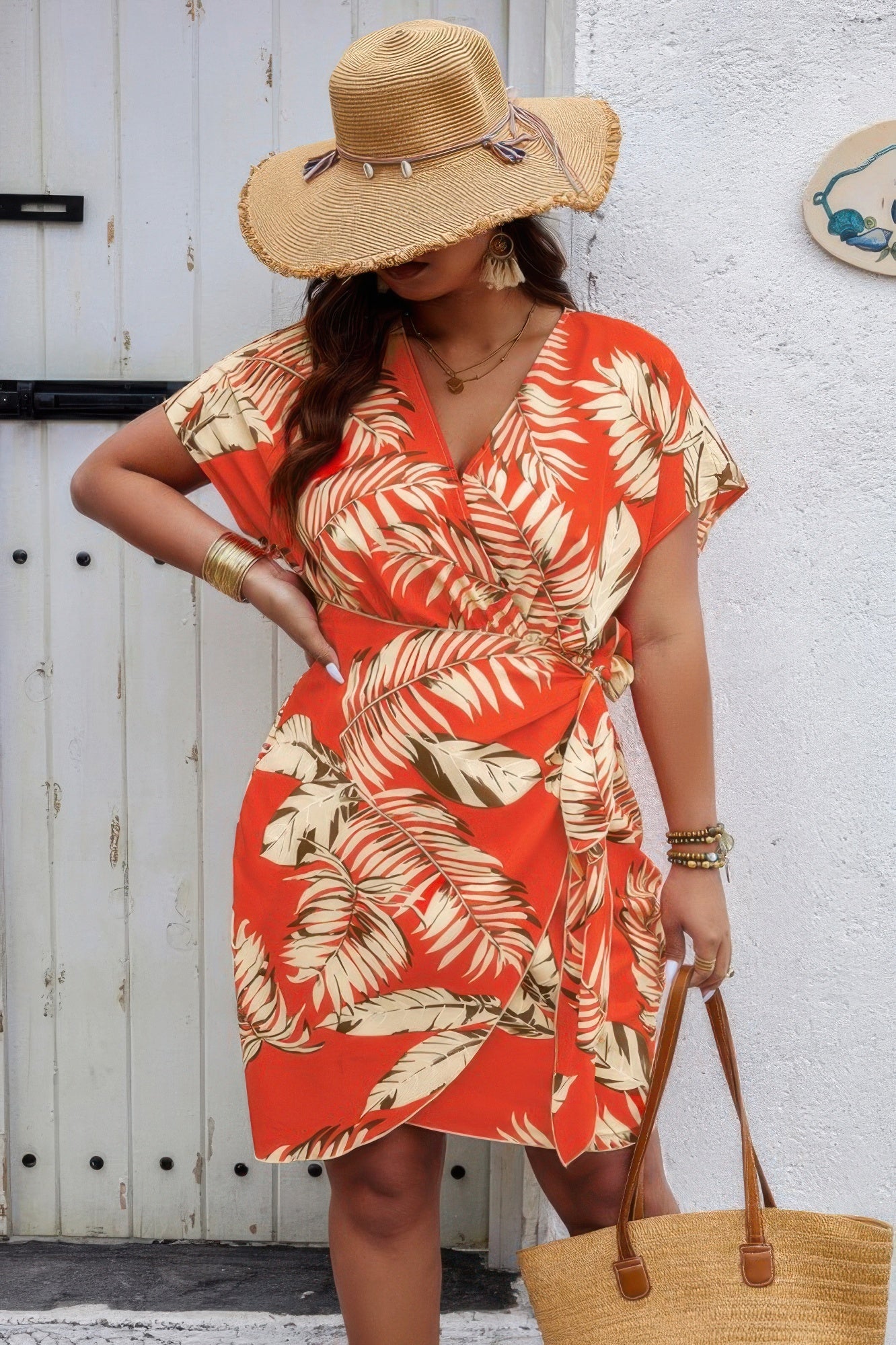 Plus Plant Print V Neck Wrap Tie Waist Dress - Wear Arielle