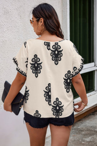 Plus Printed Ruffle Hem Wide Round Neck Blouse - Wear Arielle
