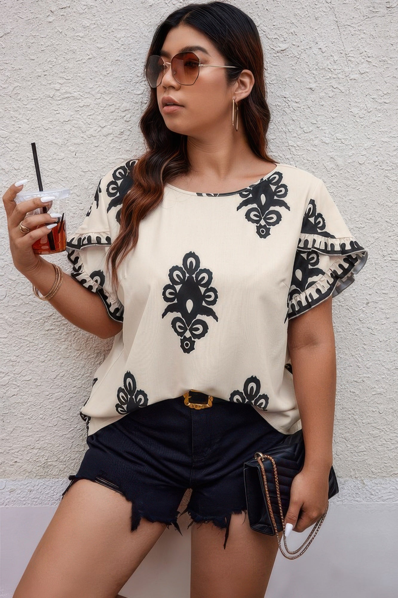 Plus Printed Ruffle Hem Wide Round Neck Blouse - Wear Arielle