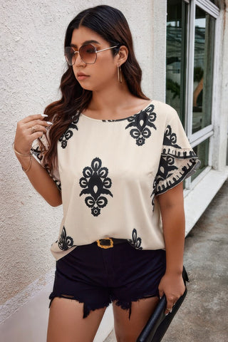 Plus Printed Ruffle Hem Wide Round Neck Blouse - Wear Arielle