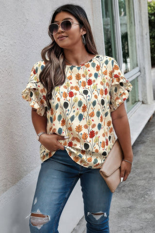 Plus Round Neck Floral Flounce Sleeve Loose Shirt - Wear Arielle