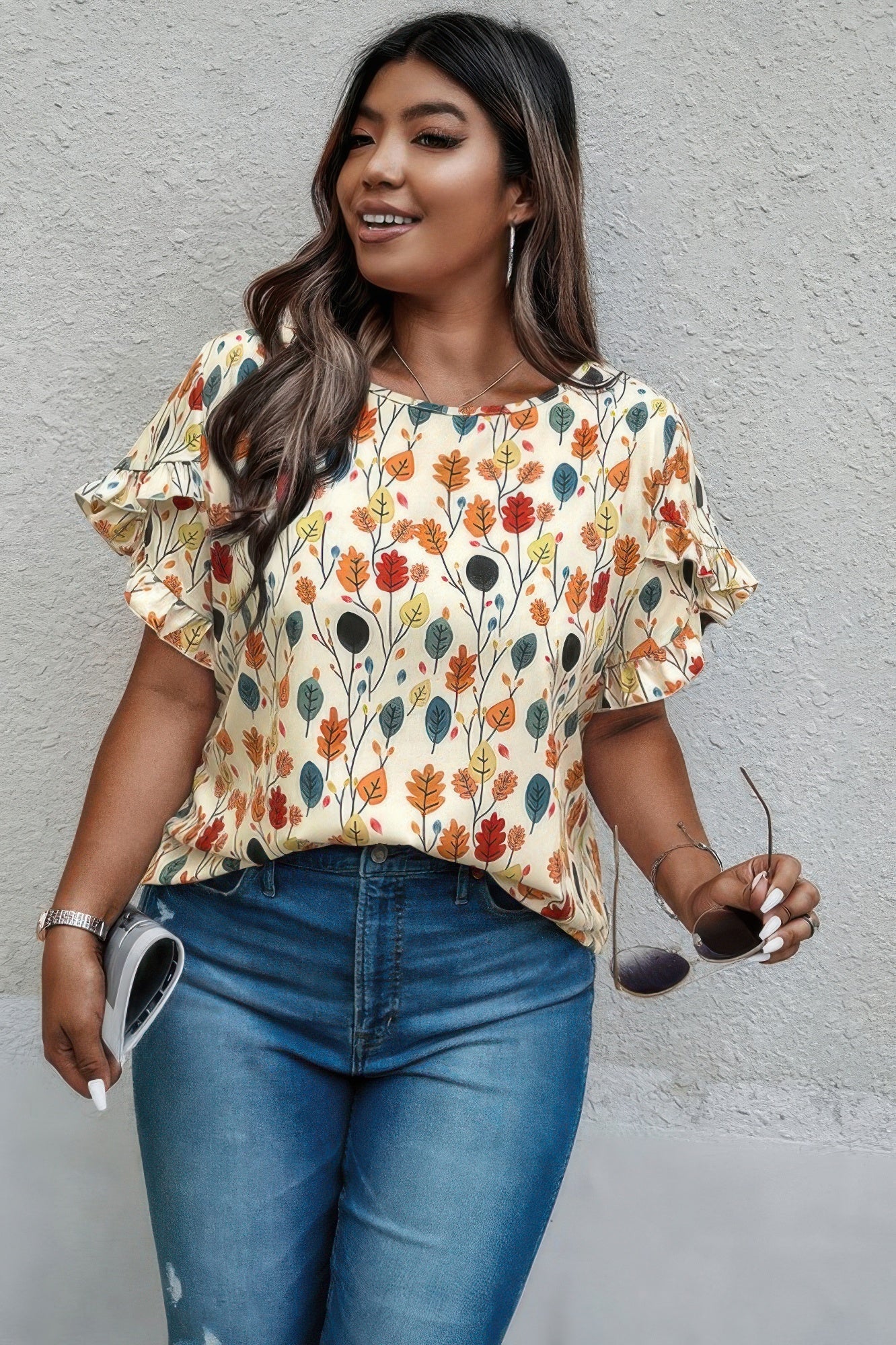 Plus Round Neck Floral Flounce Sleeve Loose Shirt - Wear Arielle