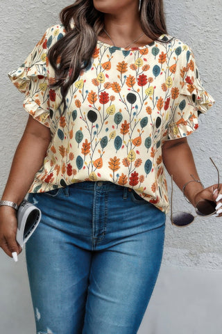 Plus Round Neck Floral Flounce Sleeve Loose Shirt - Wear Arielle