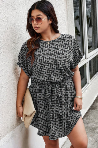 Plus Round Neck Printed Batwing Sleeve Loose Dress - Wear Arielle