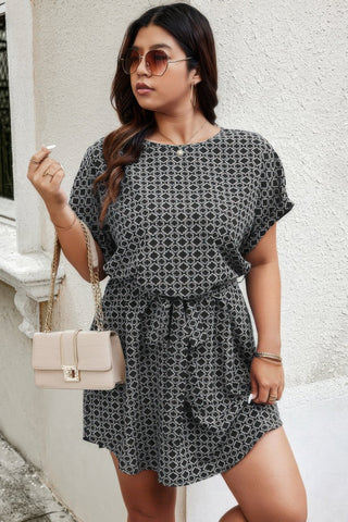 Plus Round Neck Printed Batwing Sleeve Loose Dress - Wear Arielle