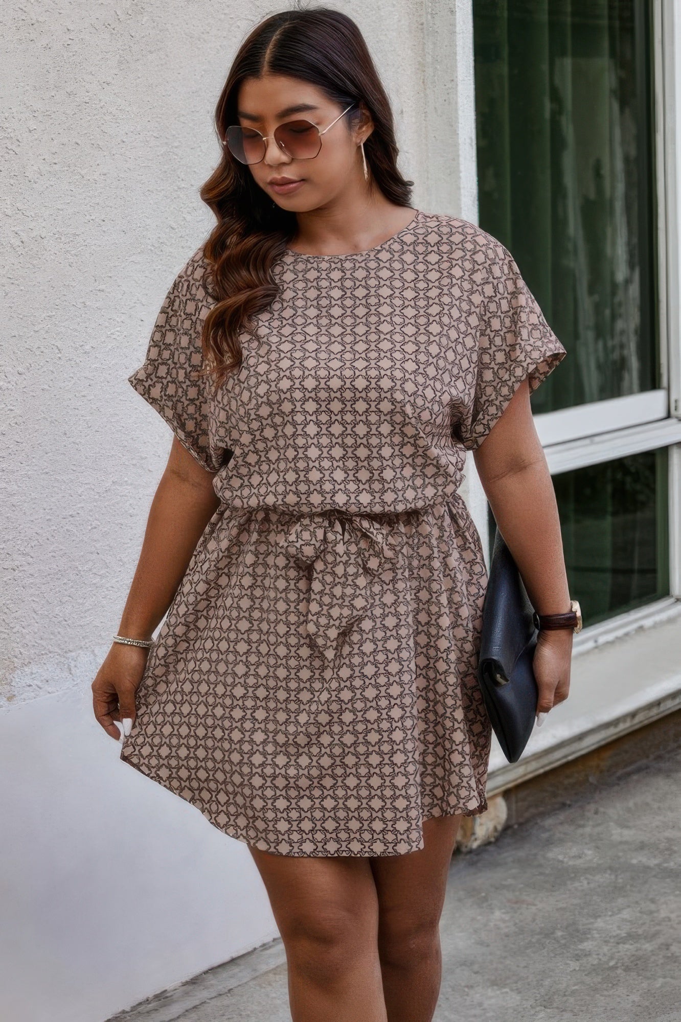 Plus Round Neck Printed Batwing Sleeve Loose Dress - Wear Arielle