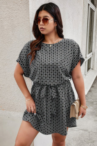 Plus Round Neck Printed Batwing Sleeve Loose Dress - Wear Arielle