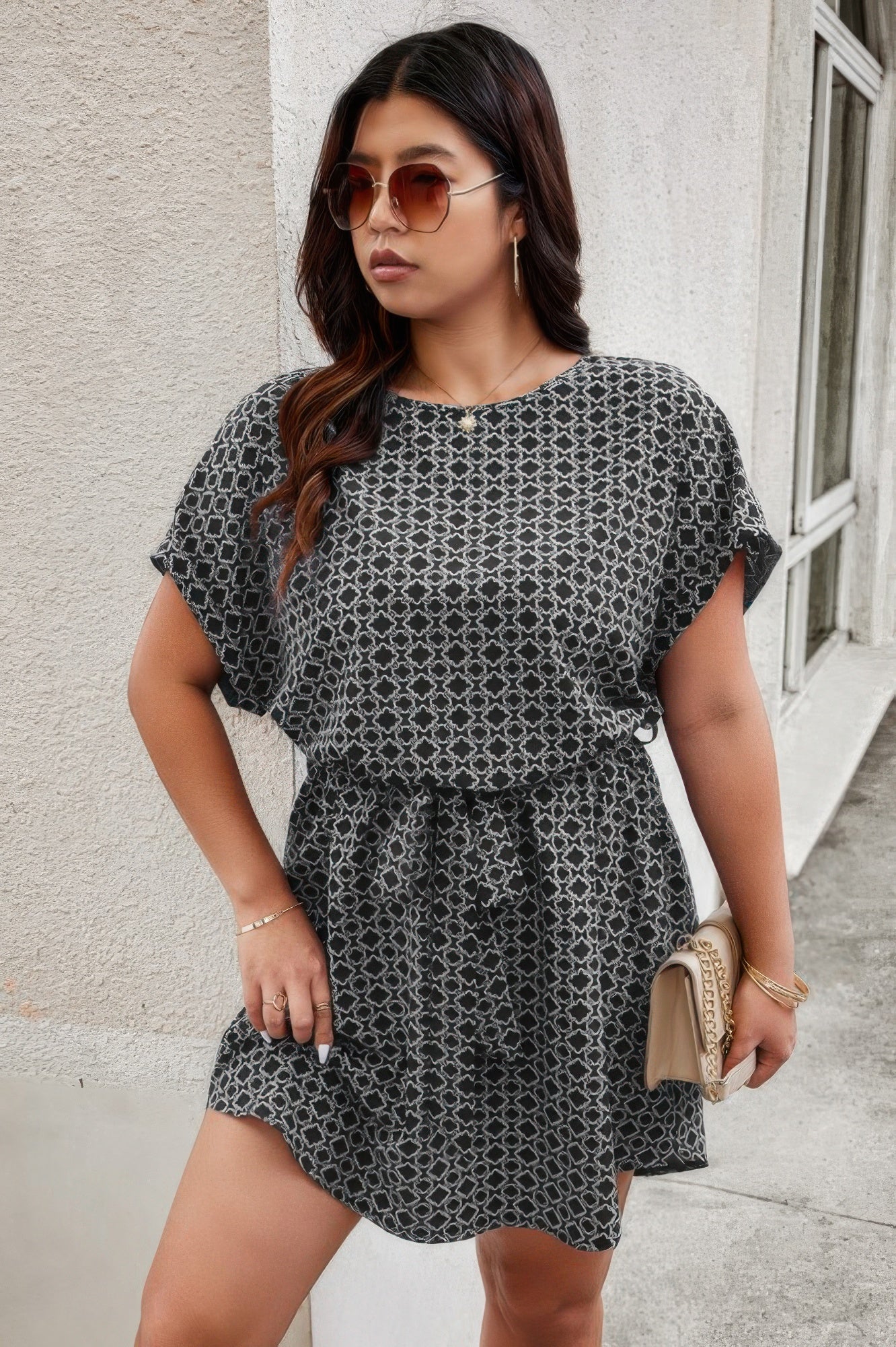 Plus Round Neck Printed Batwing Sleeve Loose Dress - Wear Arielle