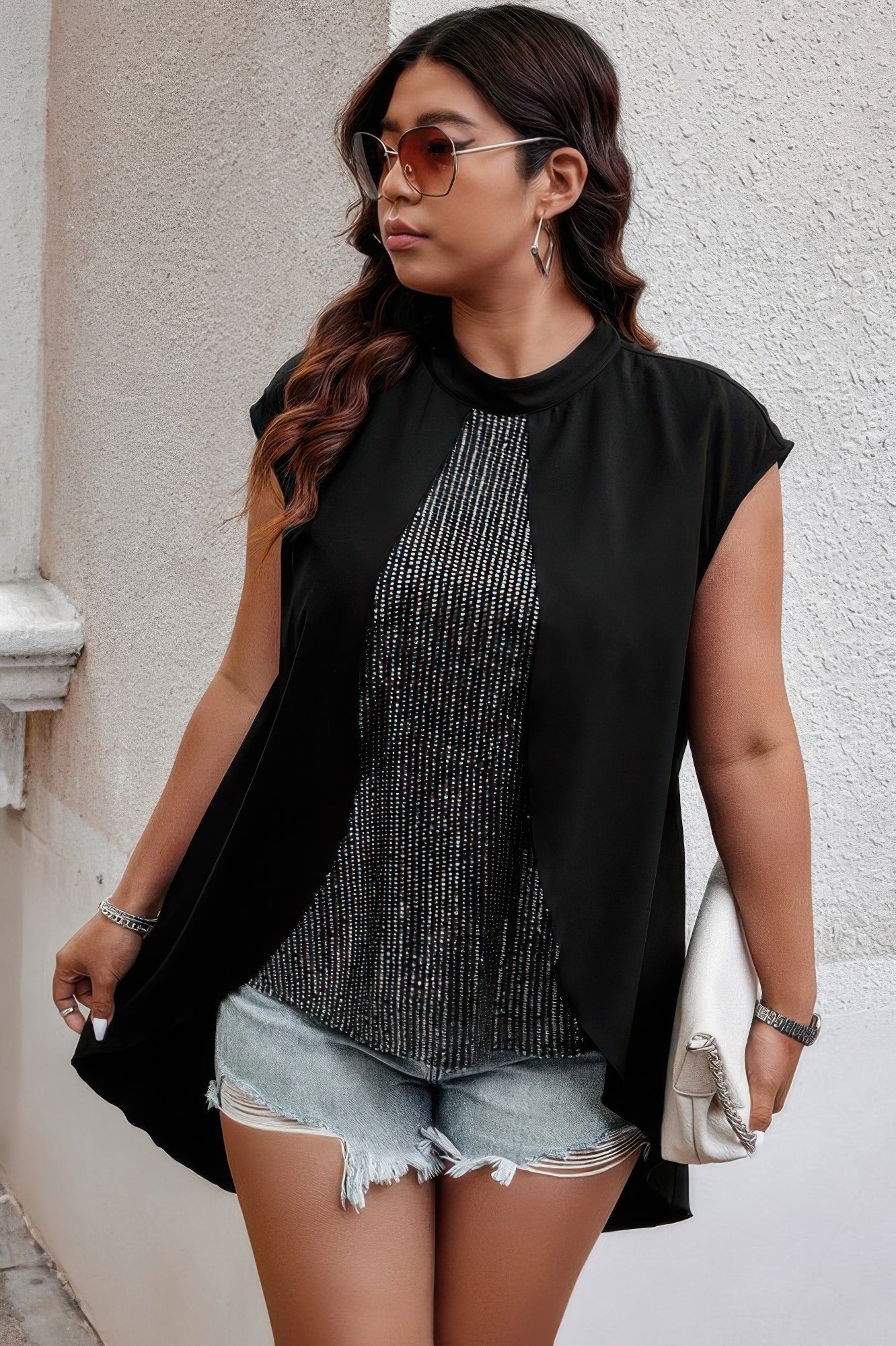 Plus Size Asymmetrical Hem Sparkly Patchwork Shirt - Wear Arielle