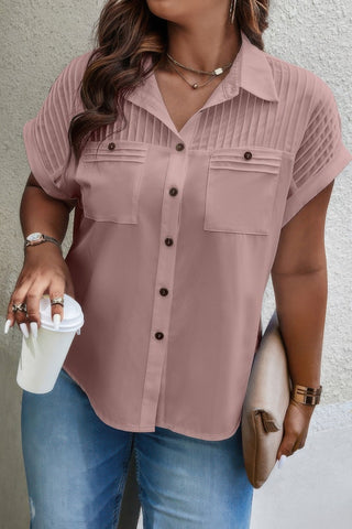 Plus Size Button Solid Color Block Loose Blouse - Wear Arielle