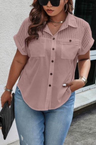 Plus Size Button Solid Color Block Loose Blouse - Wear Arielle