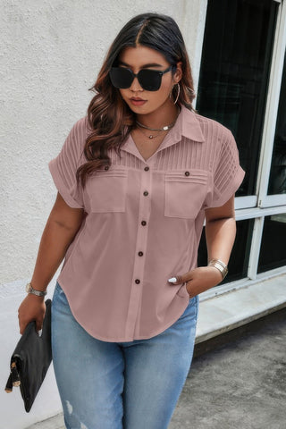 Plus Size Button Solid Color Block Loose Blouse - Wear Arielle