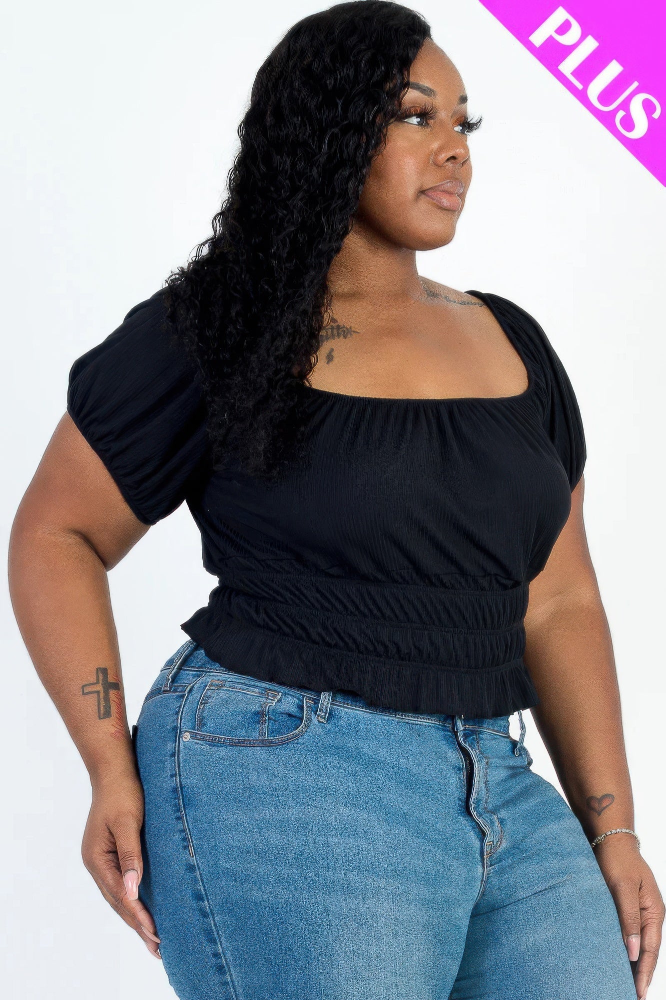 Plus size casual ruched puff sleeve ribbed knit solid top - Wear Arielle