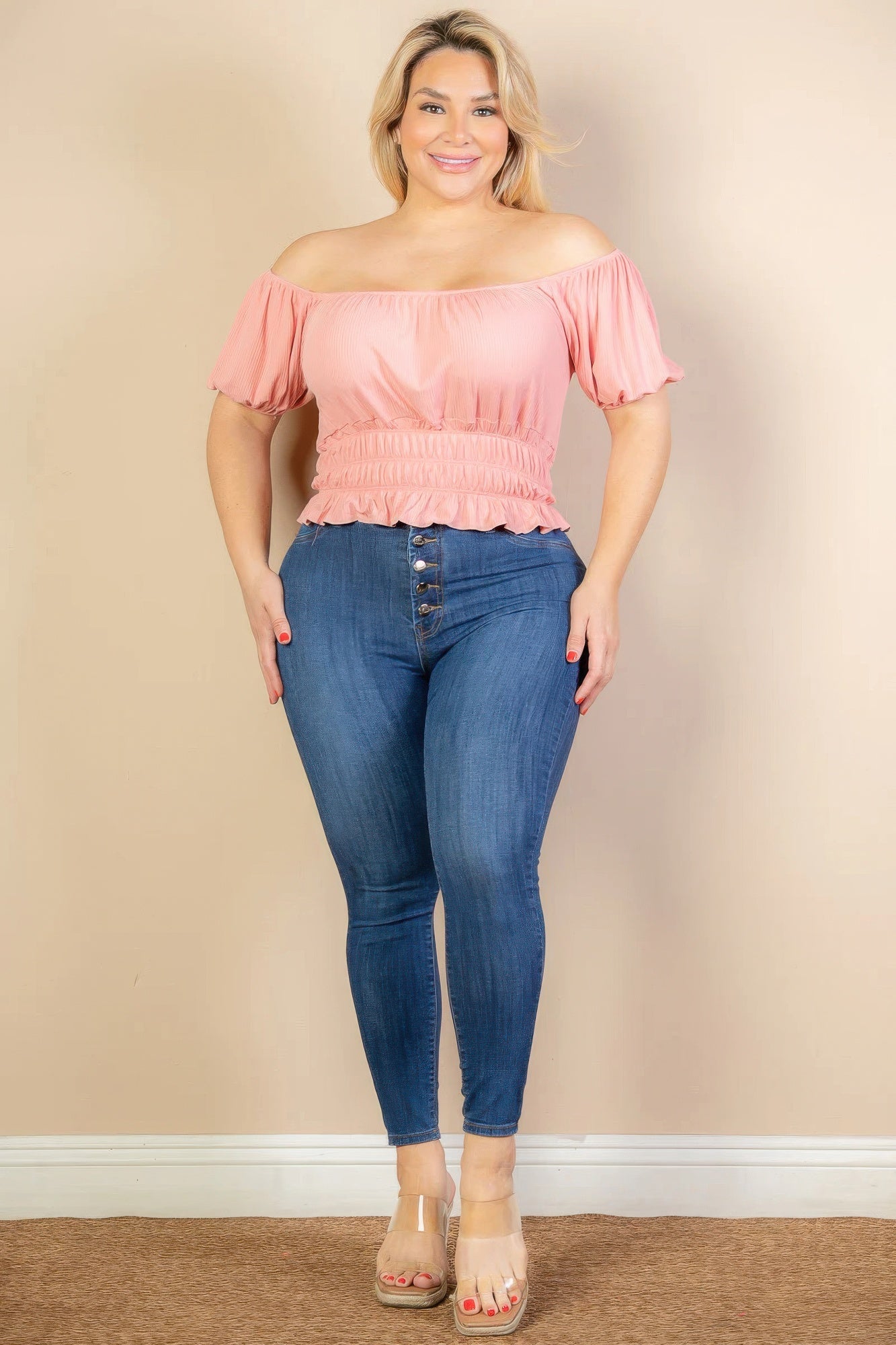 Plus size casual ruched puff sleeve ribbed knit solid top - Wear Arielle