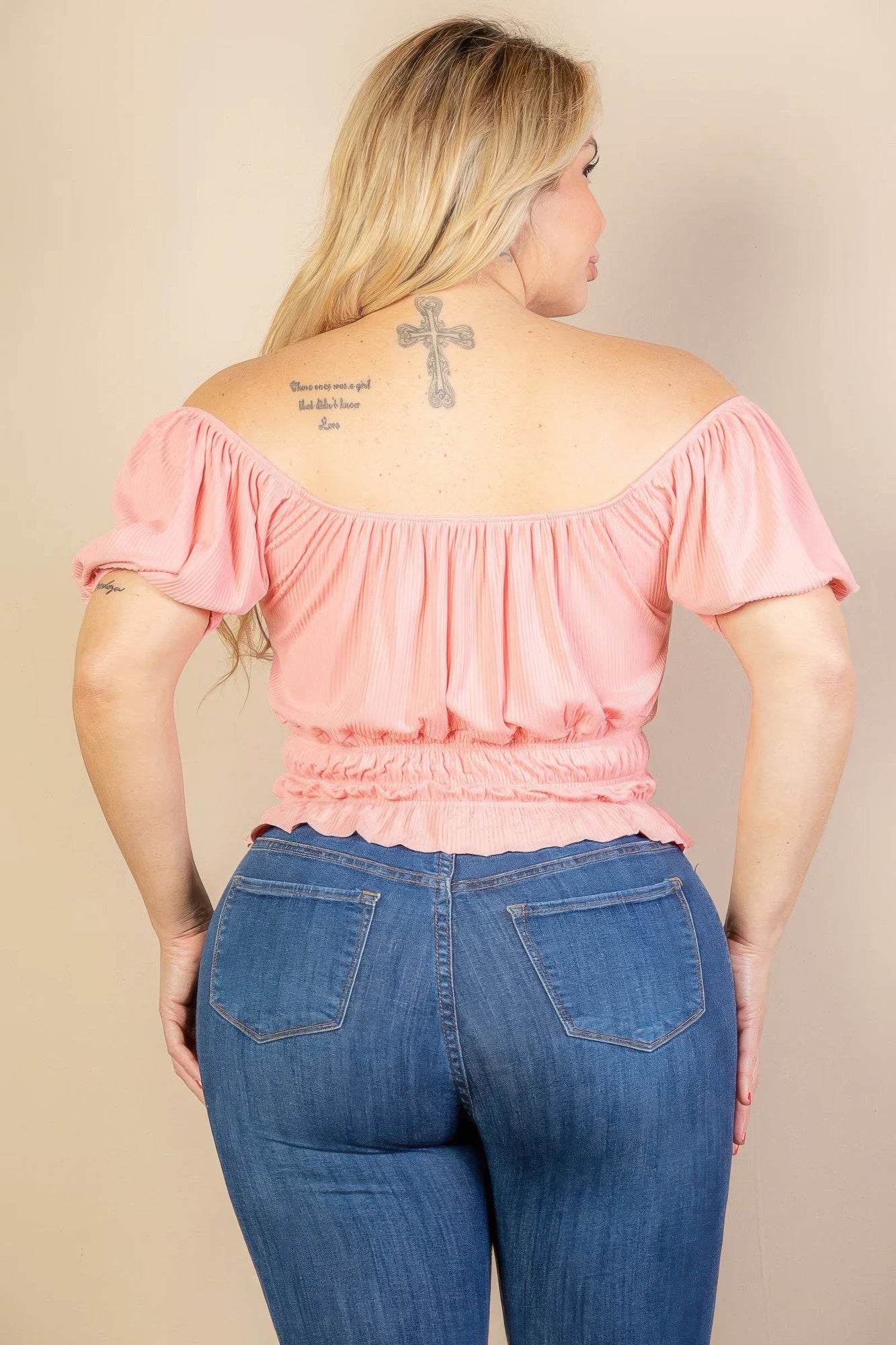 Plus size casual ruched puff sleeve ribbed knit solid top - Wear Arielle