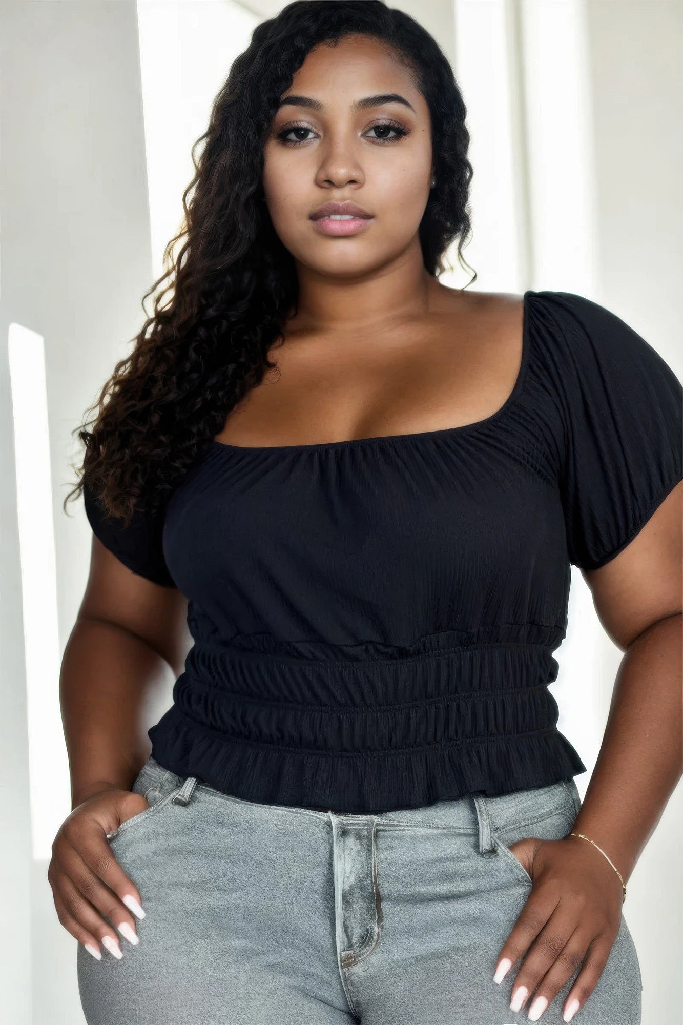 Plus size casual ruched puff sleeve ribbed knit solid top - Wear Arielle