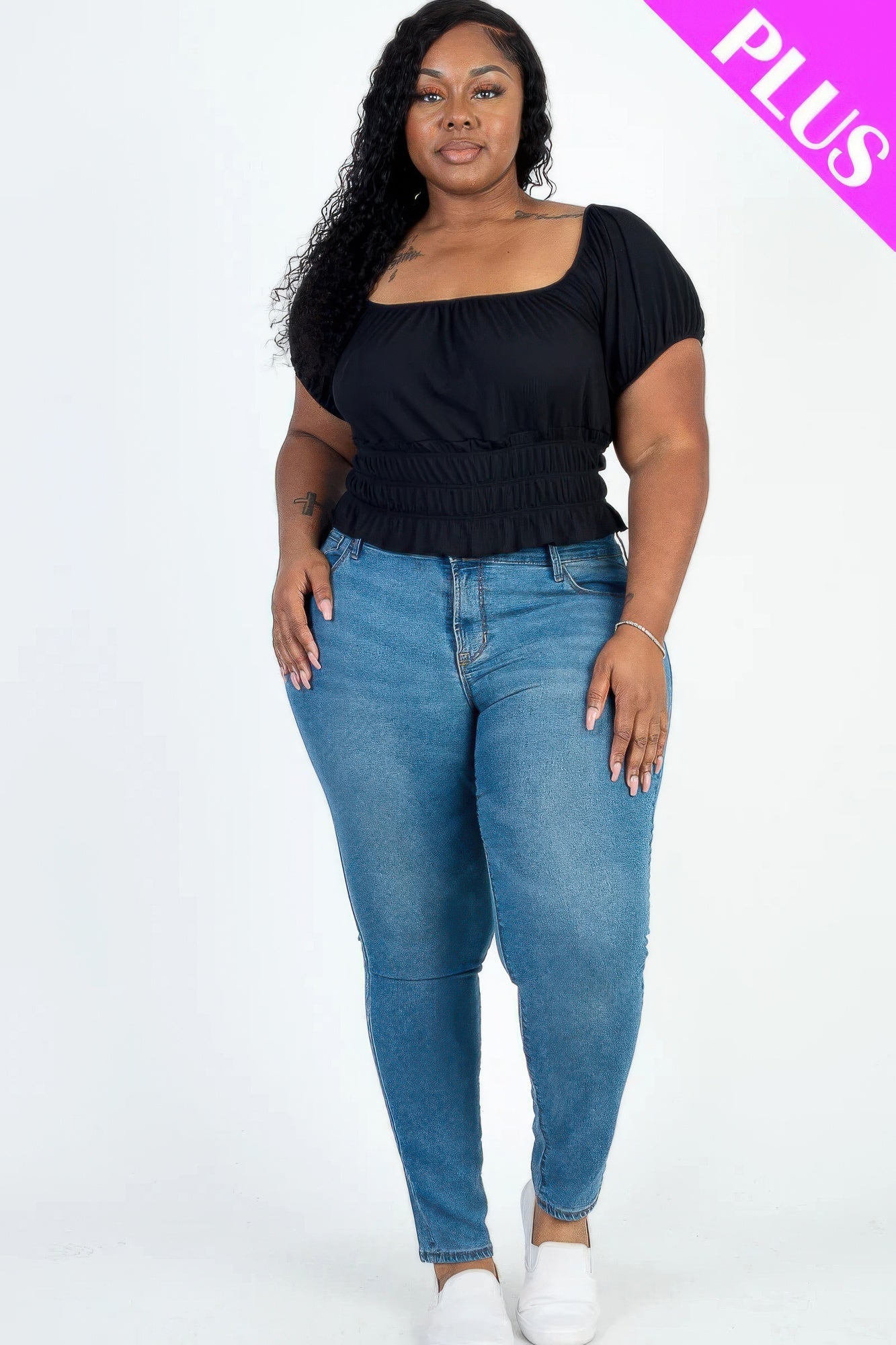 Plus size casual ruched puff sleeve ribbed knit solid top - Wear Arielle