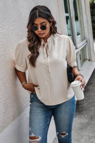 Plus Size Cross Neck Puff Sleeves Solid Button Top - Wear Arielle