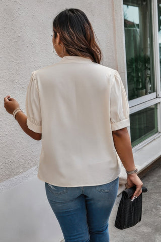 Plus Size Cross Neck Puff Sleeves Solid Button Top - Wear Arielle