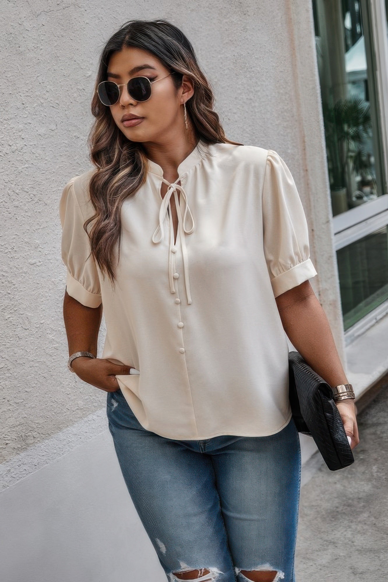 Plus Size Cross Neck Puff Sleeves Solid Button Top - Wear Arielle