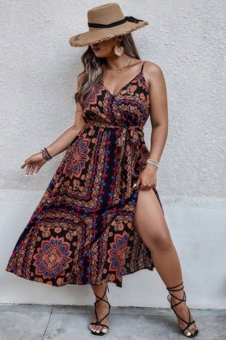 Plus Size Floral Belted Cami Boho Long Dress - Wear Arielle