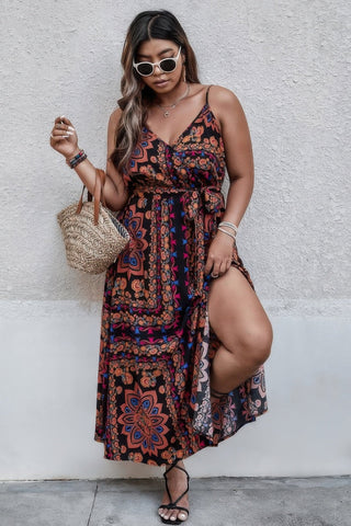 Plus Size Floral Belted Cami Boho Long Dress - Wear Arielle