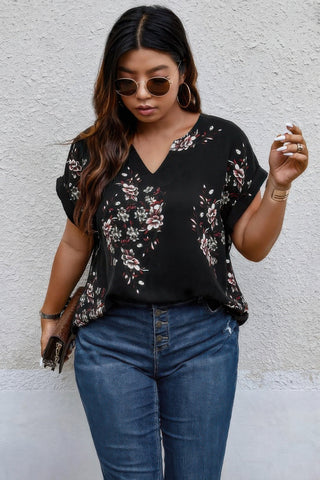 Plus Size Floral Print V Neck Loose Blouse - Wear Arielle