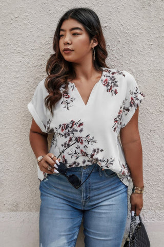 Plus Size Floral Print V Neck Loose Blouse - Wear Arielle