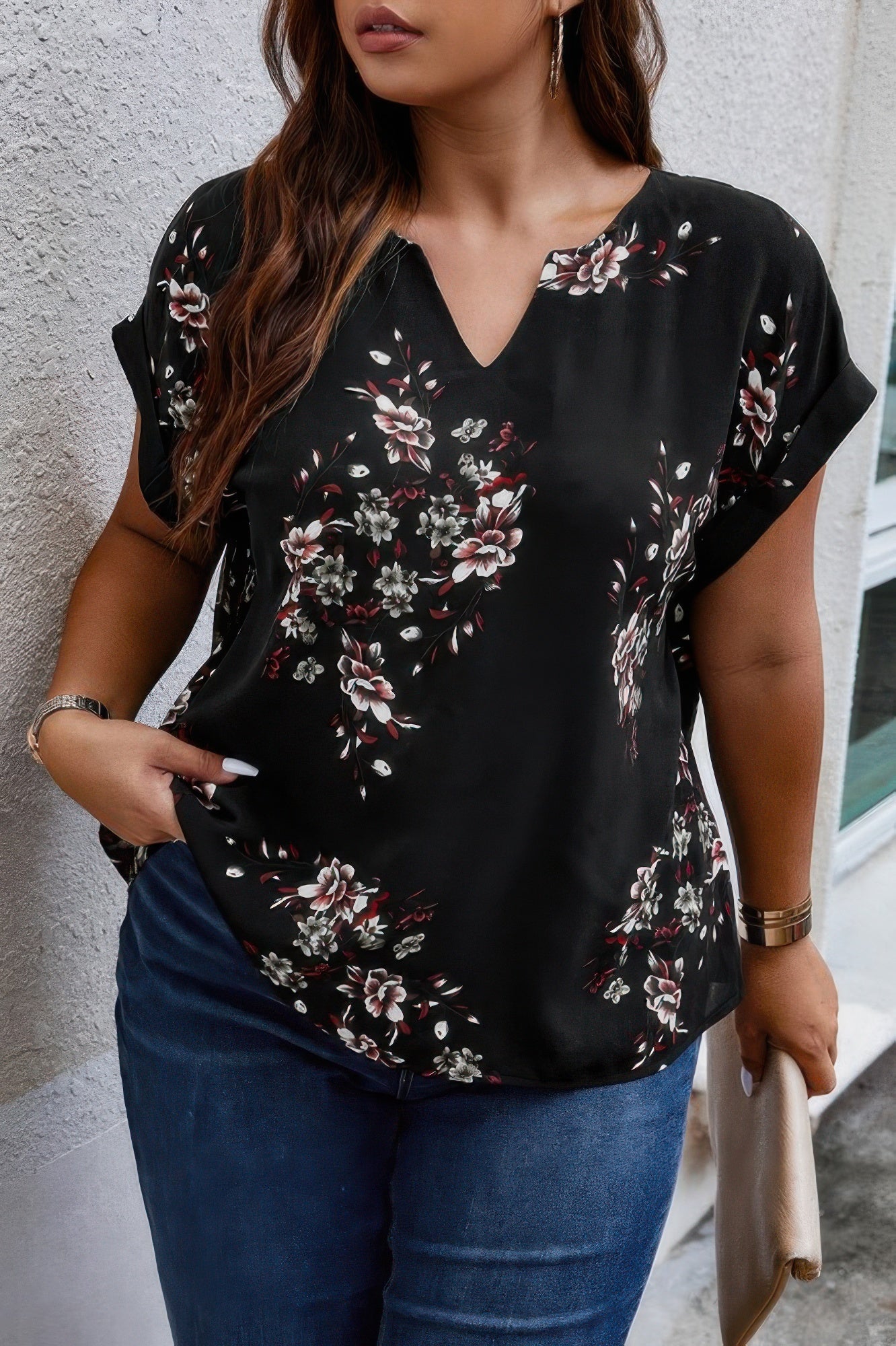 Plus Size Floral Print V Neck Loose Blouse - Wear Arielle
