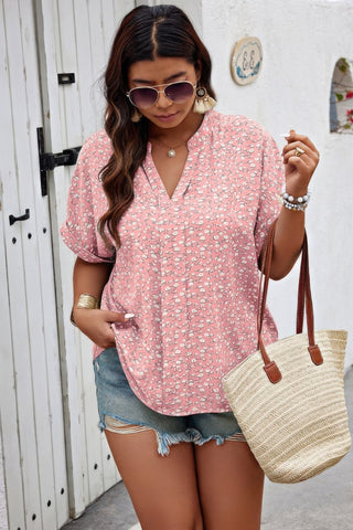 Plus Size Floral Print V Neck Short Sleeve Blouse - Wear Arielle