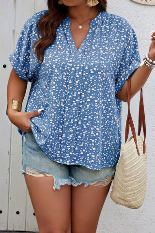 Plus Size Floral Print V Neck Short Sleeve Blouse - Wear Arielle