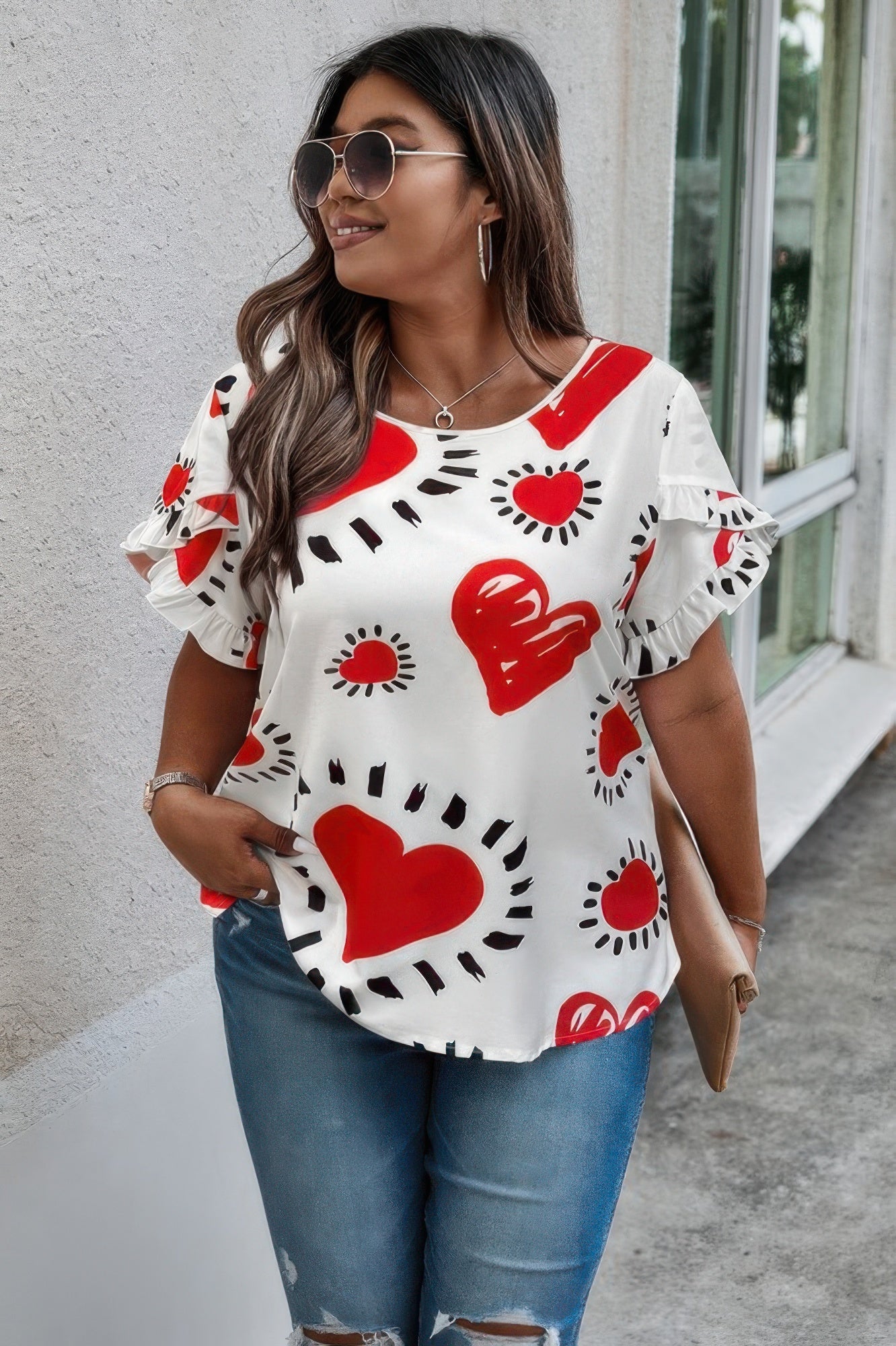 Plus Size Heart Print Ruffle Hem Sleeve Shirt - Wear Arielle