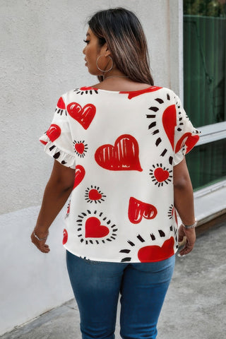 Plus Size Heart Print Ruffle Hem Sleeve Shirt - Wear Arielle
