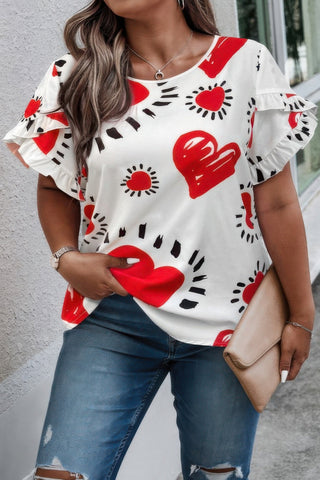 Plus Size Heart Print Ruffle Hem Sleeve Shirt - Wear Arielle
